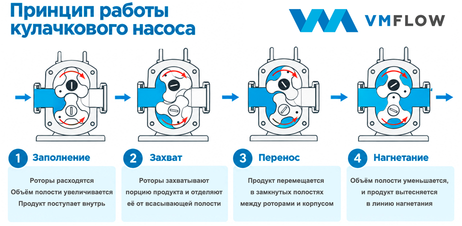 Четыре этапа работы кулачкового насоса: заполнение, захват, перенос и нагнетание